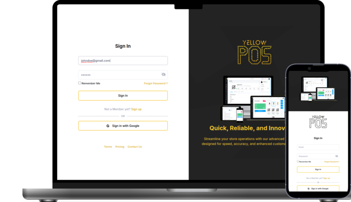 YellowPOS sign up and login page for POS system, website builder, and CRM in Lebanon