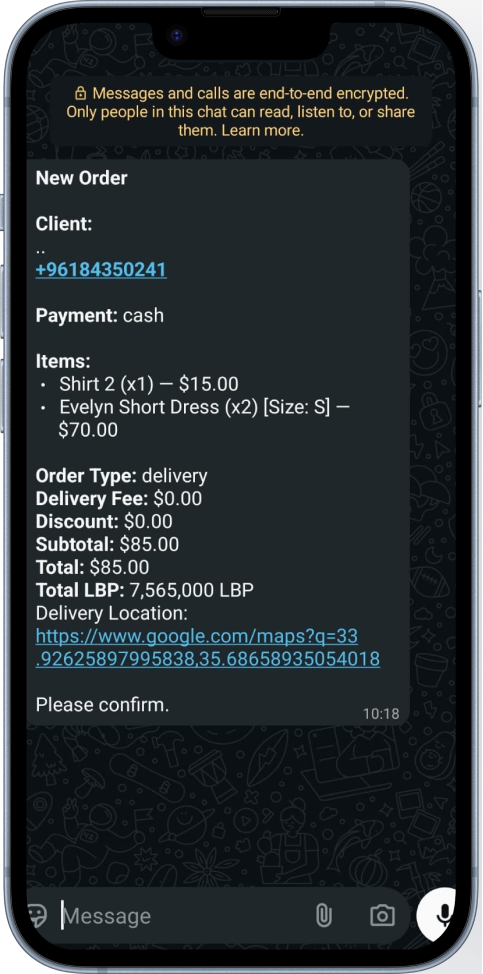 YellowPOS WhatsApp order notification mobile interface in Lebanon